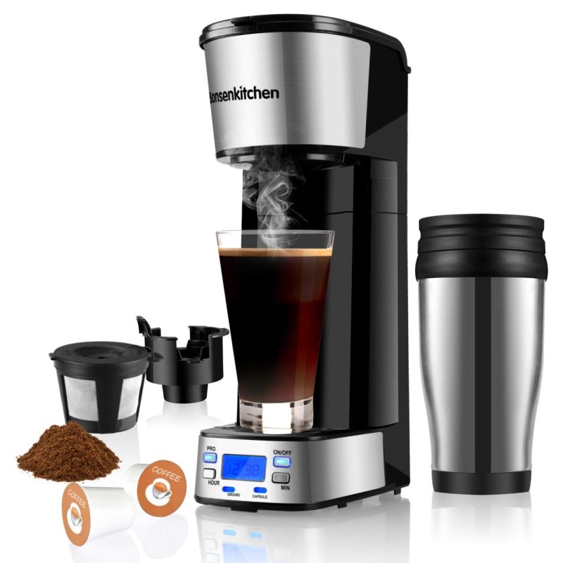 Amazon.com: Programmable Single Serve Coffee Makers With Portable Travel Mug Compatible with K Cup Pod & Coffee Ground, Mini 2-In-1 Coffee Machines with Brew Strength Control, Personal Compact Coffee Brewer 14 Oz: